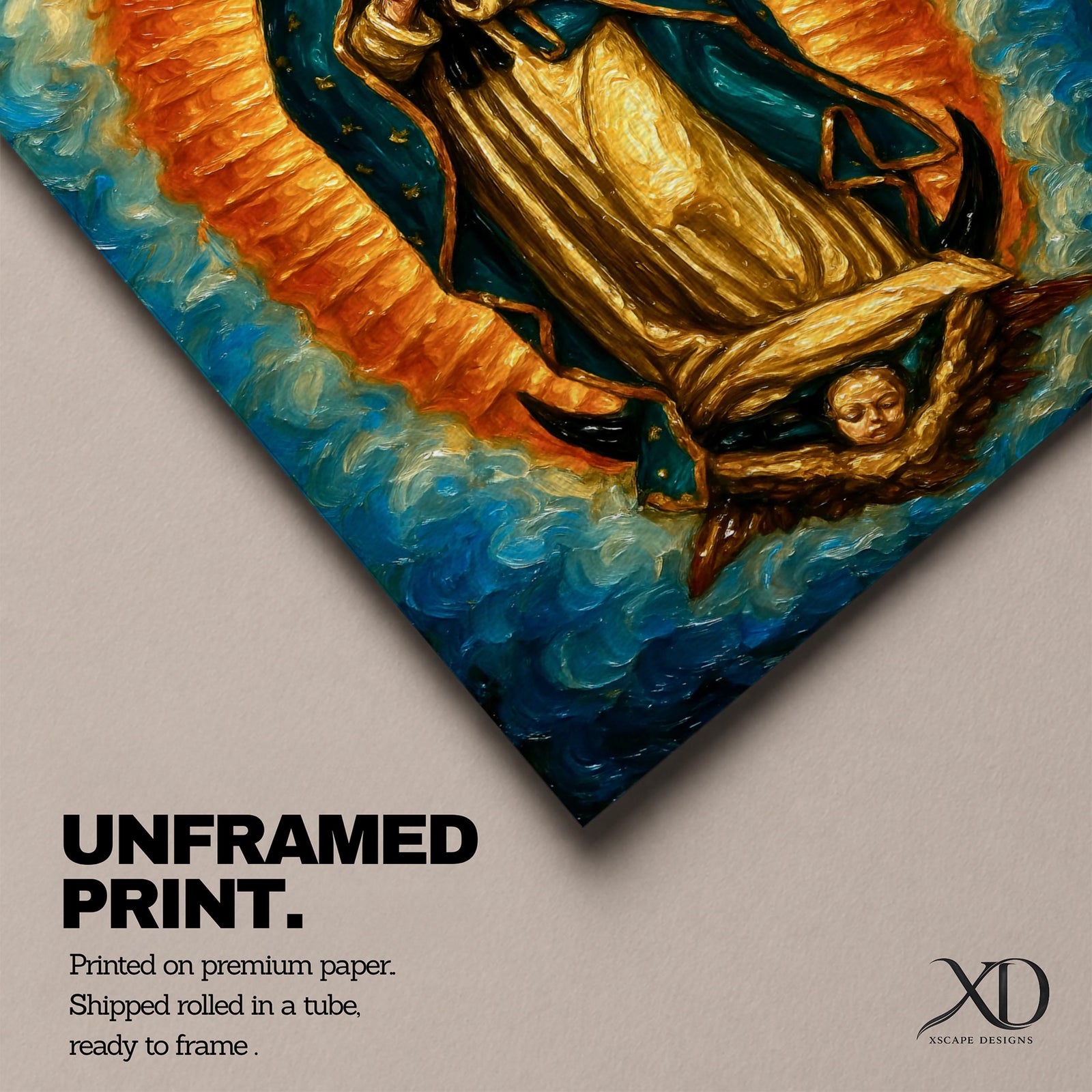 An impasto style oil painting of Our Lady of Guadalupe depicts the Virgin of Guadalupe standing with hands clasped in prayer, surrounded by a radiant orange and blue aura, with detailed brush strokes emphasizing texture and depth, resting on a cherubic angel at her feet.