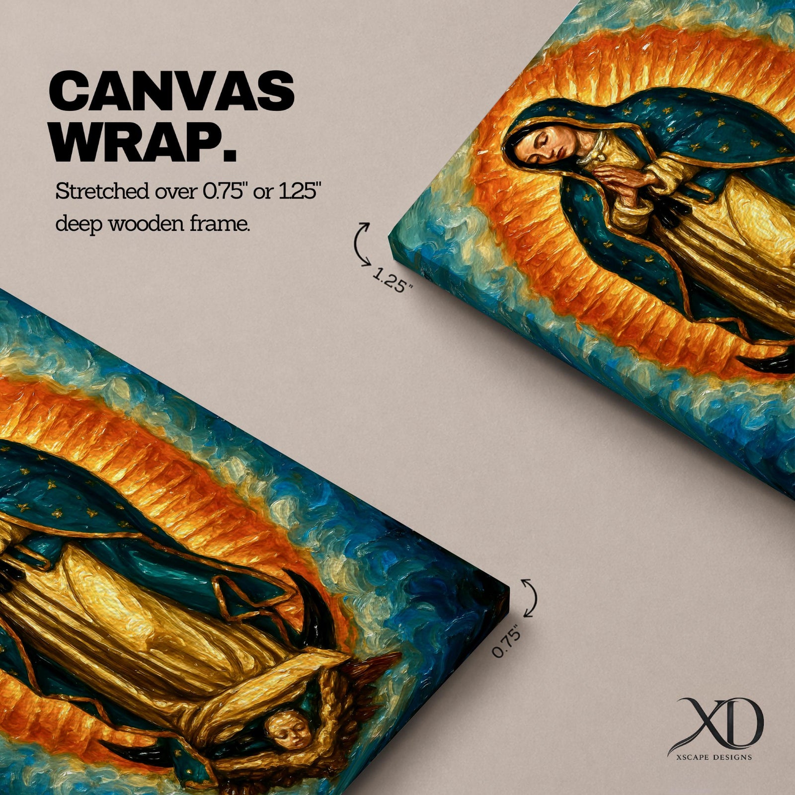 An impasto style oil painting of Our Lady of Guadalupe depicts the Virgin of Guadalupe standing with hands clasped in prayer, surrounded by a radiant orange and blue aura, with detailed brush strokes emphasizing texture and depth, resting on a cherubic angel at her feet.