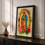 Watercolor style depiction of Our Lady of Guadalupe standing in prayer within a glowing golden mandorla halo, wearing a teal mantle and rose colored robe while surrounded by blooming roses, with a small angel supporting the crescent moon beneath her in a traditional Catholic devotional composition.