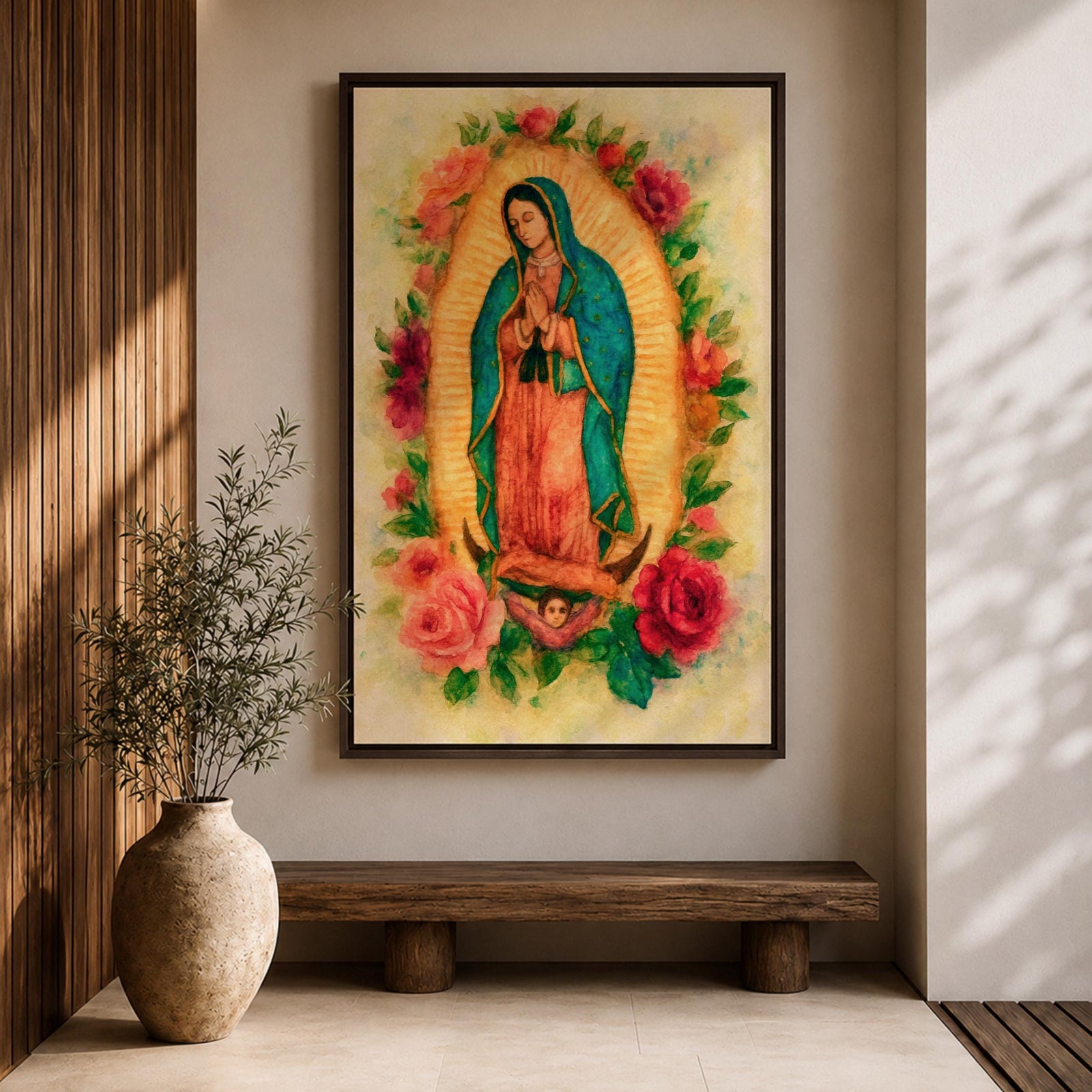 Watercolor style depiction of Our Lady of Guadalupe standing in prayer within a glowing golden mandorla halo, wearing a teal mantle and rose colored robe while surrounded by blooming roses, with a small angel supporting the crescent moon beneath her in a traditional Catholic devotional composition.