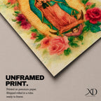 Watercolor style depiction of Our Lady of Guadalupe standing in prayer within a glowing golden mandorla halo, wearing a teal mantle and rose colored robe while surrounded by blooming roses, with a small angel supporting the crescent moon beneath her in a traditional Catholic devotional composition.