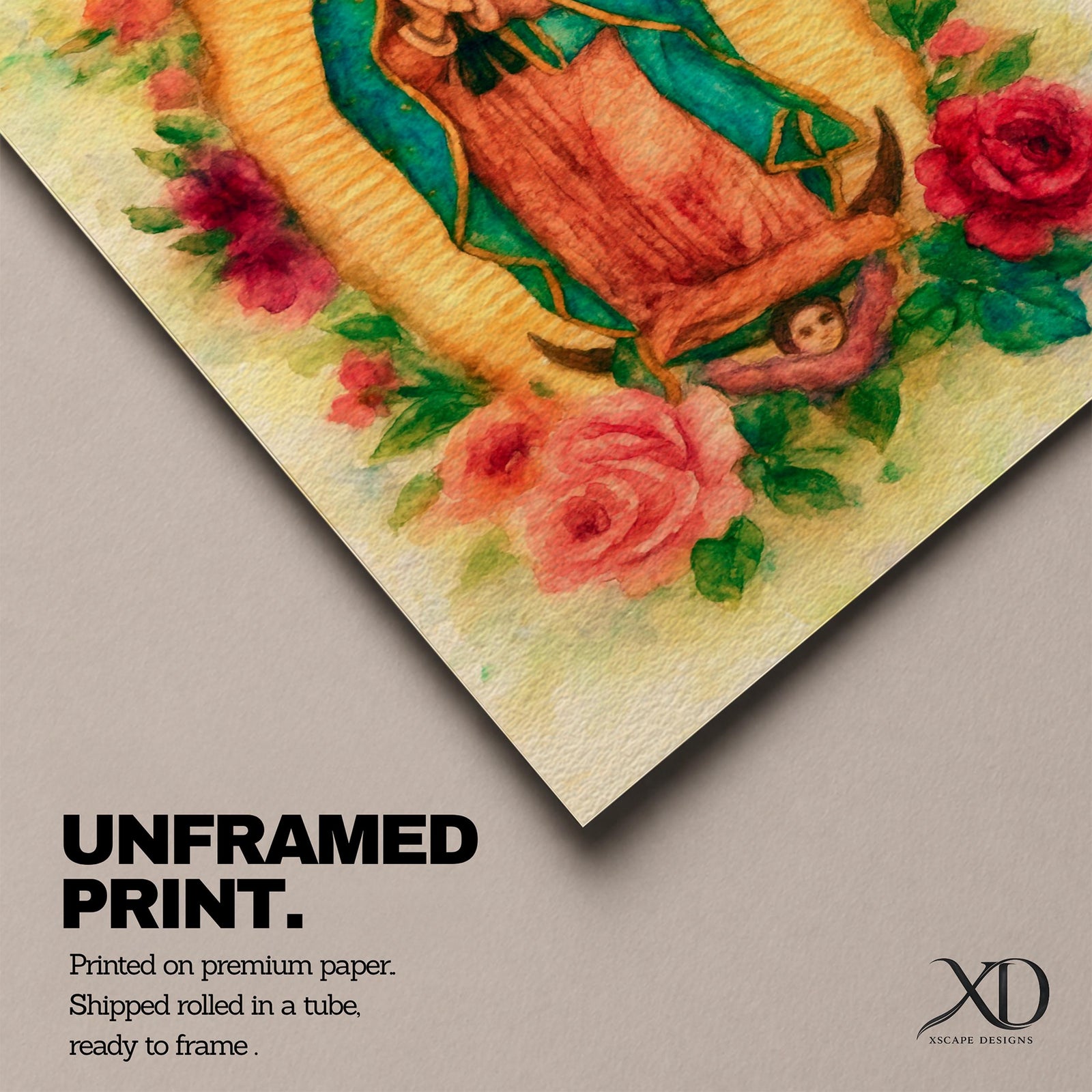 Watercolor style depiction of Our Lady of Guadalupe standing in prayer within a glowing golden mandorla halo, wearing a teal mantle and rose colored robe while surrounded by blooming roses, with a small angel supporting the crescent moon beneath her in a traditional Catholic devotional composition.