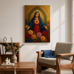 A detailed religious artwork depicting the Immaculate Heart of Mary with a glowing heart and surrounded by vibrant flowers, rendered in a classic icon style with rich textures and a golden background emphasizing the sacred theme.