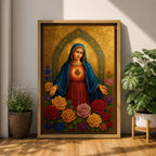A detailed religious artwork depicting the Immaculate Heart of Mary with a glowing heart and surrounded by vibrant flowers, rendered in a classic icon style with rich textures and a golden background emphasizing the sacred theme.