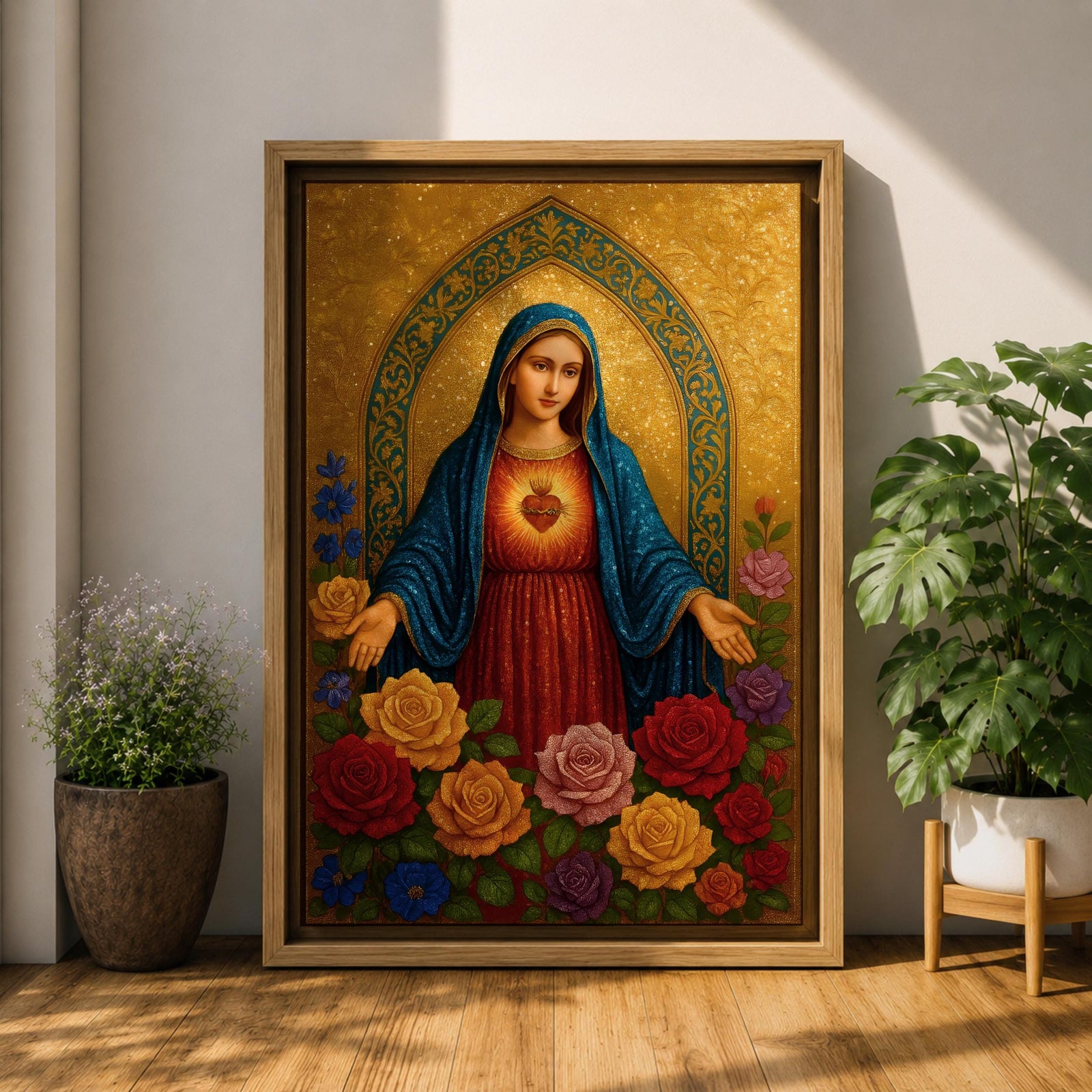 A detailed religious artwork depicting the Immaculate Heart of Mary with a glowing heart and surrounded by vibrant flowers, rendered in a classic icon style with rich textures and a golden background emphasizing the sacred theme.