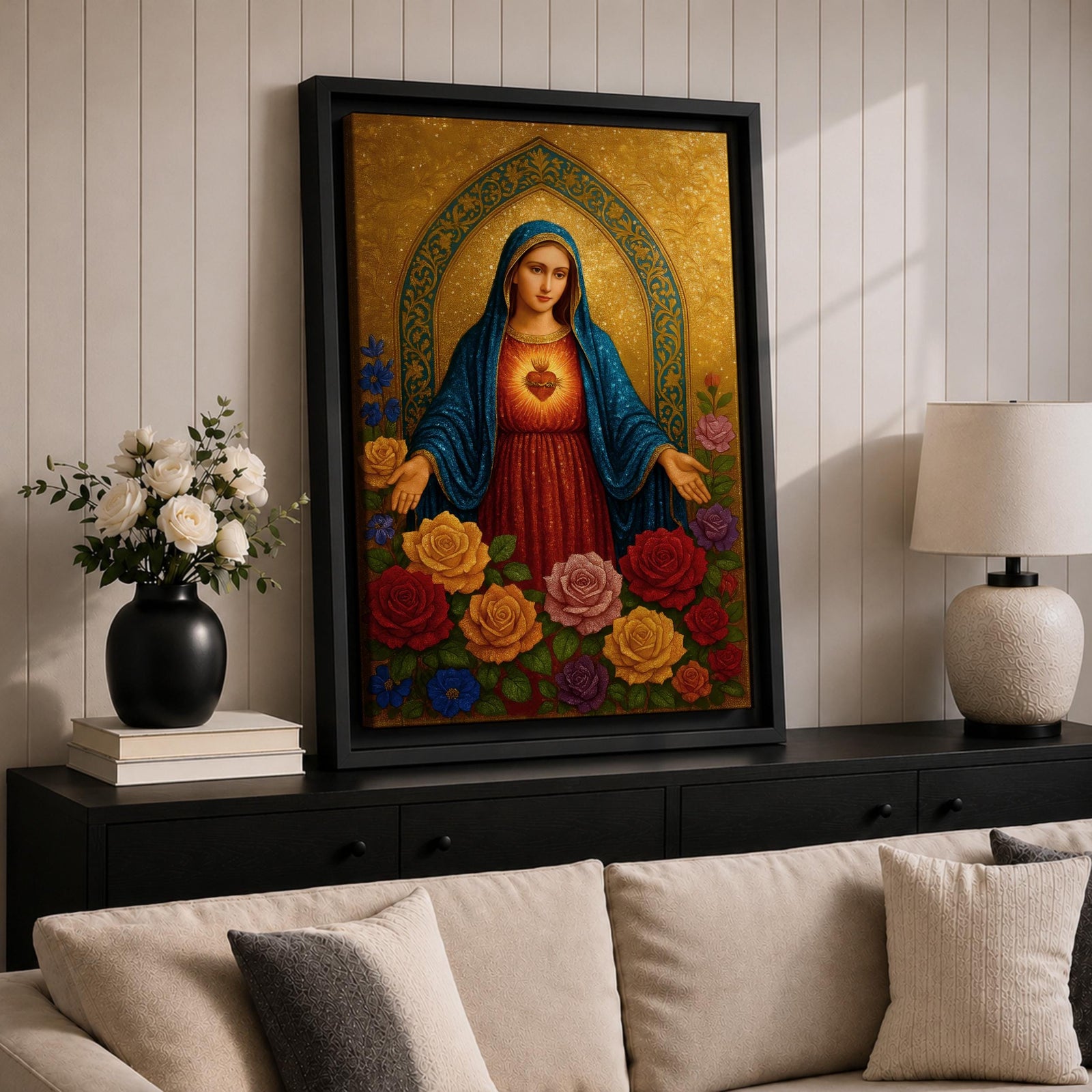 A detailed religious artwork depicting the Immaculate Heart of Mary with a glowing heart and surrounded by vibrant flowers, rendered in a classic icon style with rich textures and a golden background emphasizing the sacred theme.
