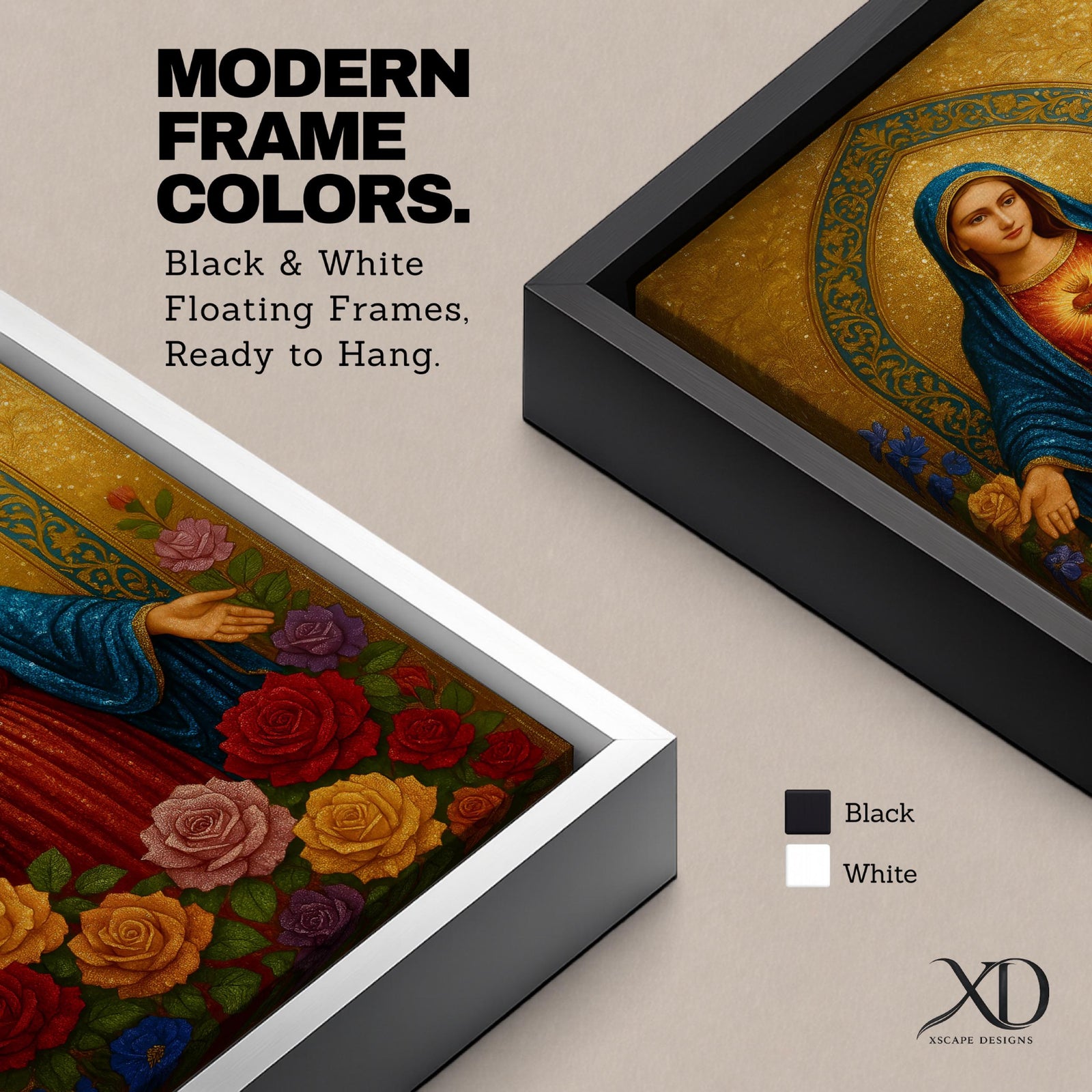 A detailed religious artwork depicting the Immaculate Heart of Mary with a glowing heart and surrounded by vibrant flowers, rendered in a classic icon style with rich textures and a golden background emphasizing the sacred theme.