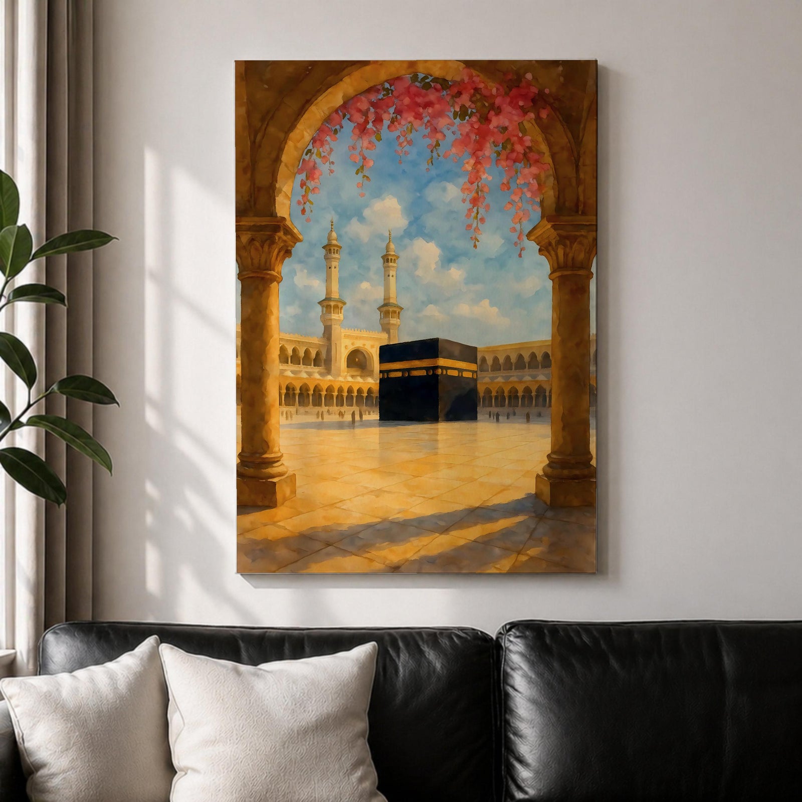 Watercolor artwork of the Kaaba inside Masjid Al Haram in Mecca, viewed through a warm stone archway draped with cascading pink flowers, with mosque colonnades and tall minarets rising in the background beneath a bright blue sky with soft clouds.