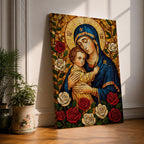 Mosaic style depiction of the Virgin Mary gently holding the child Jesus in her arms, both figures shown with golden halos while Mary wears a deep blue mantle and embraces the child closely, surrounded by blooming roses in a traditional Madonna and Child devotional composition with detailed mosaic textures.