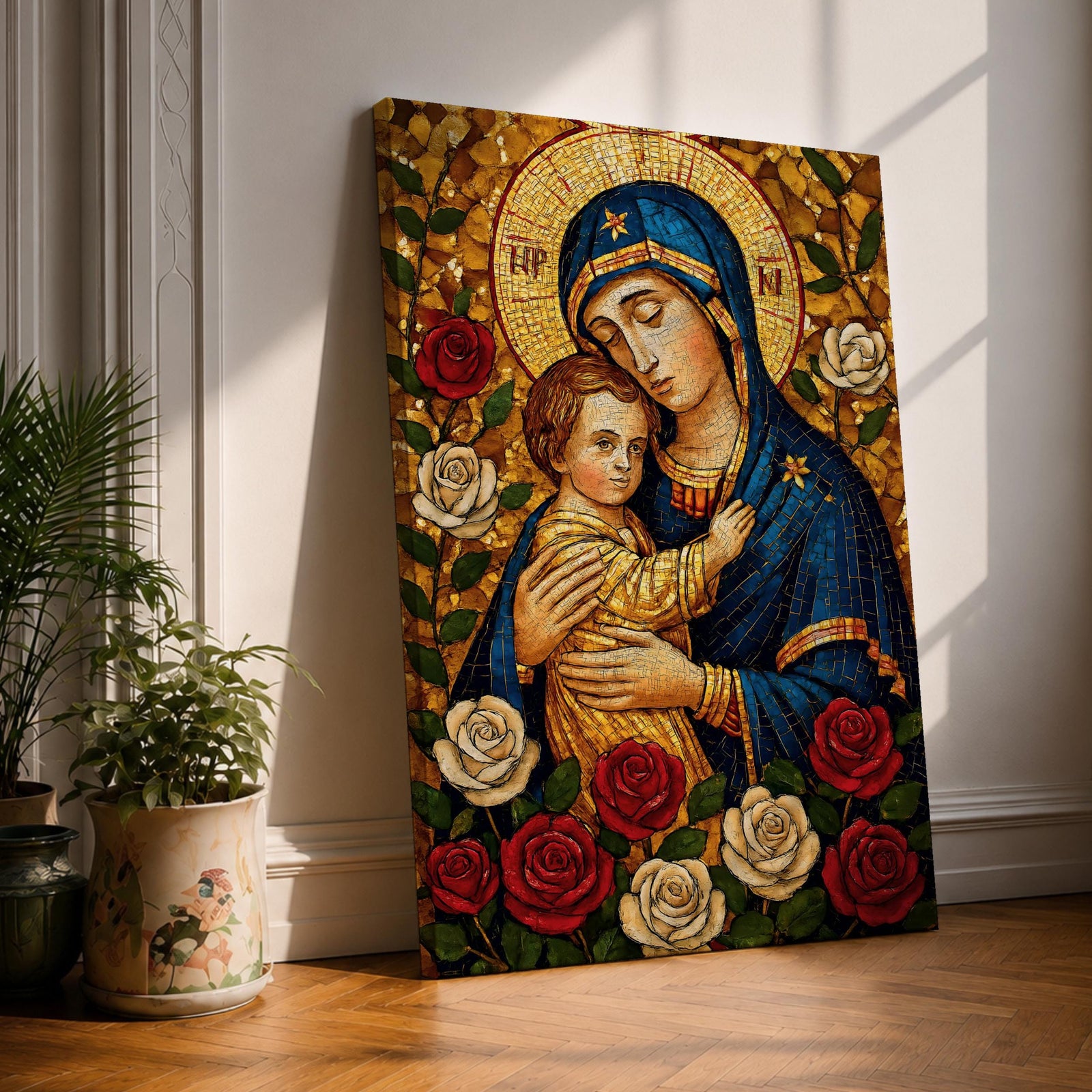 Mosaic style depiction of the Virgin Mary gently holding the child Jesus in her arms, both figures shown with golden halos while Mary wears a deep blue mantle and embraces the child closely, surrounded by blooming roses in a traditional Madonna and Child devotional composition with detailed mosaic textures.