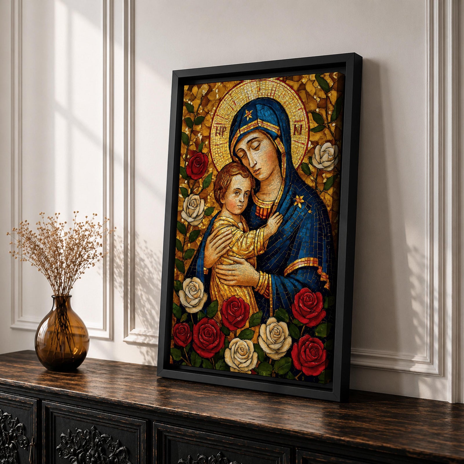 Mosaic style depiction of the Virgin Mary gently holding the child Jesus in her arms, both figures shown with golden halos while Mary wears a deep blue mantle and embraces the child closely, surrounded by blooming roses in a traditional Madonna and Child devotional composition with detailed mosaic textures.