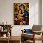 Mosaic style depiction of the Virgin Mary gently holding the child Jesus in her arms, both figures shown with golden halos while Mary wears a deep blue mantle and embraces the child closely, surrounded by blooming roses in a traditional Madonna and Child devotional composition with detailed mosaic textures.