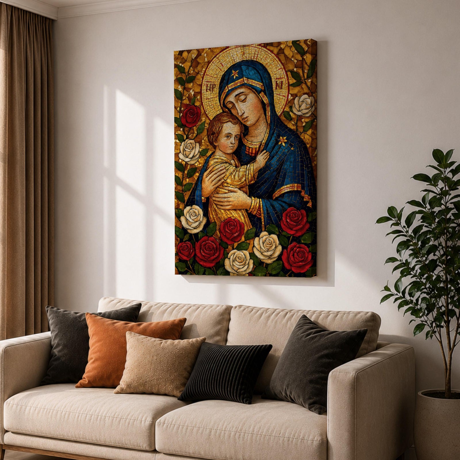 Mosaic style depiction of the Virgin Mary gently holding the child Jesus in her arms, both figures shown with golden halos while Mary wears a deep blue mantle and embraces the child closely, surrounded by blooming roses in a traditional Madonna and Child devotional composition with detailed mosaic textures.