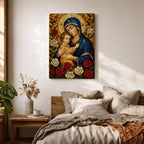 Mosaic style depiction of the Virgin Mary gently holding the child Jesus in her arms, both figures shown with golden halos while Mary wears a deep blue mantle and embraces the child closely, surrounded by blooming roses in a traditional Madonna and Child devotional composition with detailed mosaic textures.