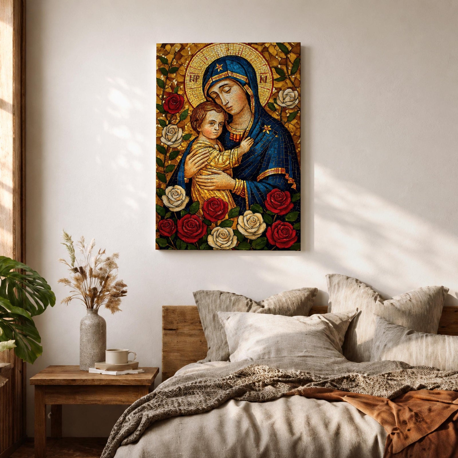 Mosaic style depiction of the Virgin Mary gently holding the child Jesus in her arms, both figures shown with golden halos while Mary wears a deep blue mantle and embraces the child closely, surrounded by blooming roses in a traditional Madonna and Child devotional composition with detailed mosaic textures.