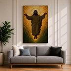 A mosaic style depiction of Jesus Christ with outstretched arms surrounded by radiant golden tiles forming a halo effect. The artwork features detailed mosaic tile patterns creating a luminous and sacred Christian icon in a traditional religious style.