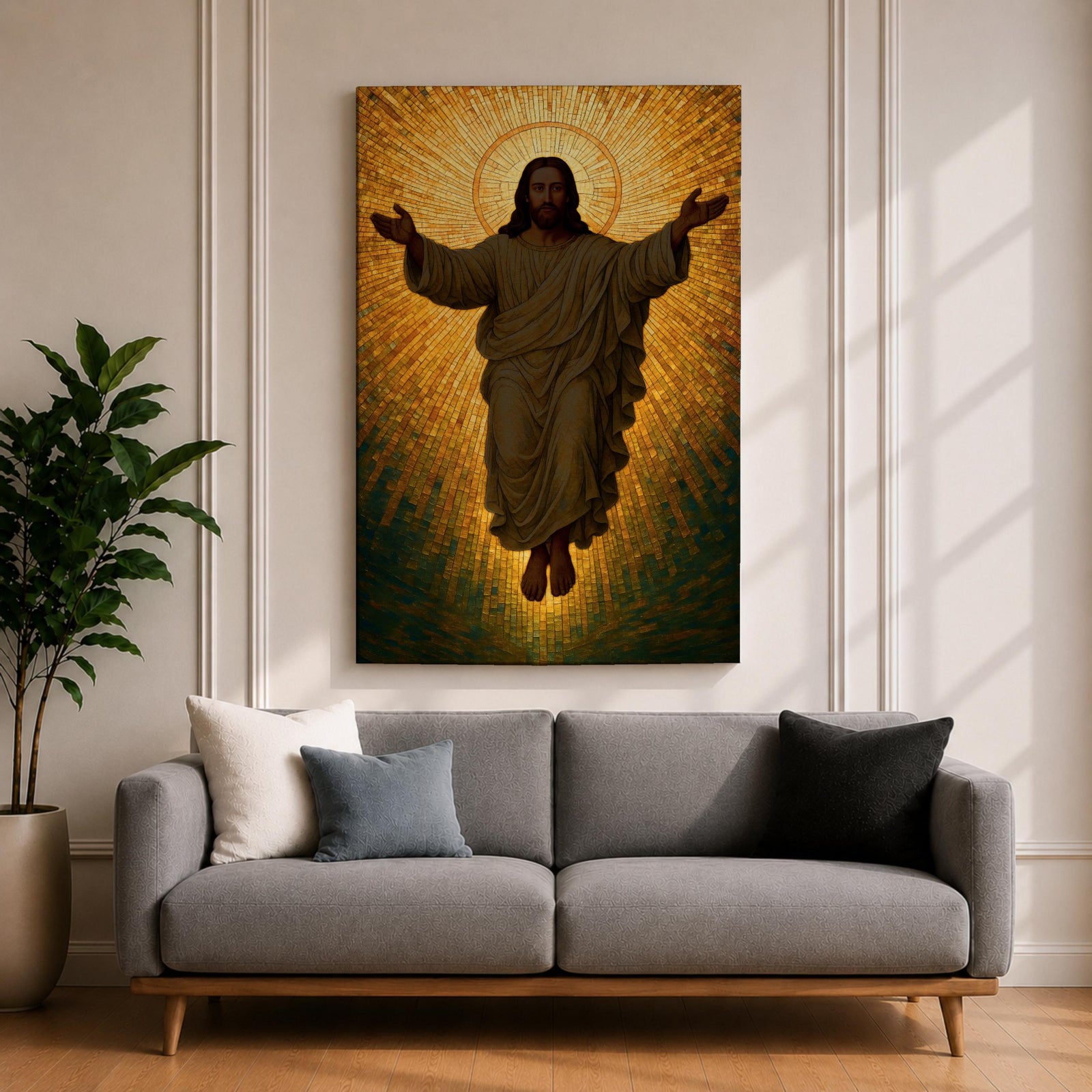 A mosaic style depiction of Jesus Christ with outstretched arms surrounded by radiant golden tiles forming a halo effect. The artwork features detailed mosaic tile patterns creating a luminous and sacred Christian icon in a traditional religious style.