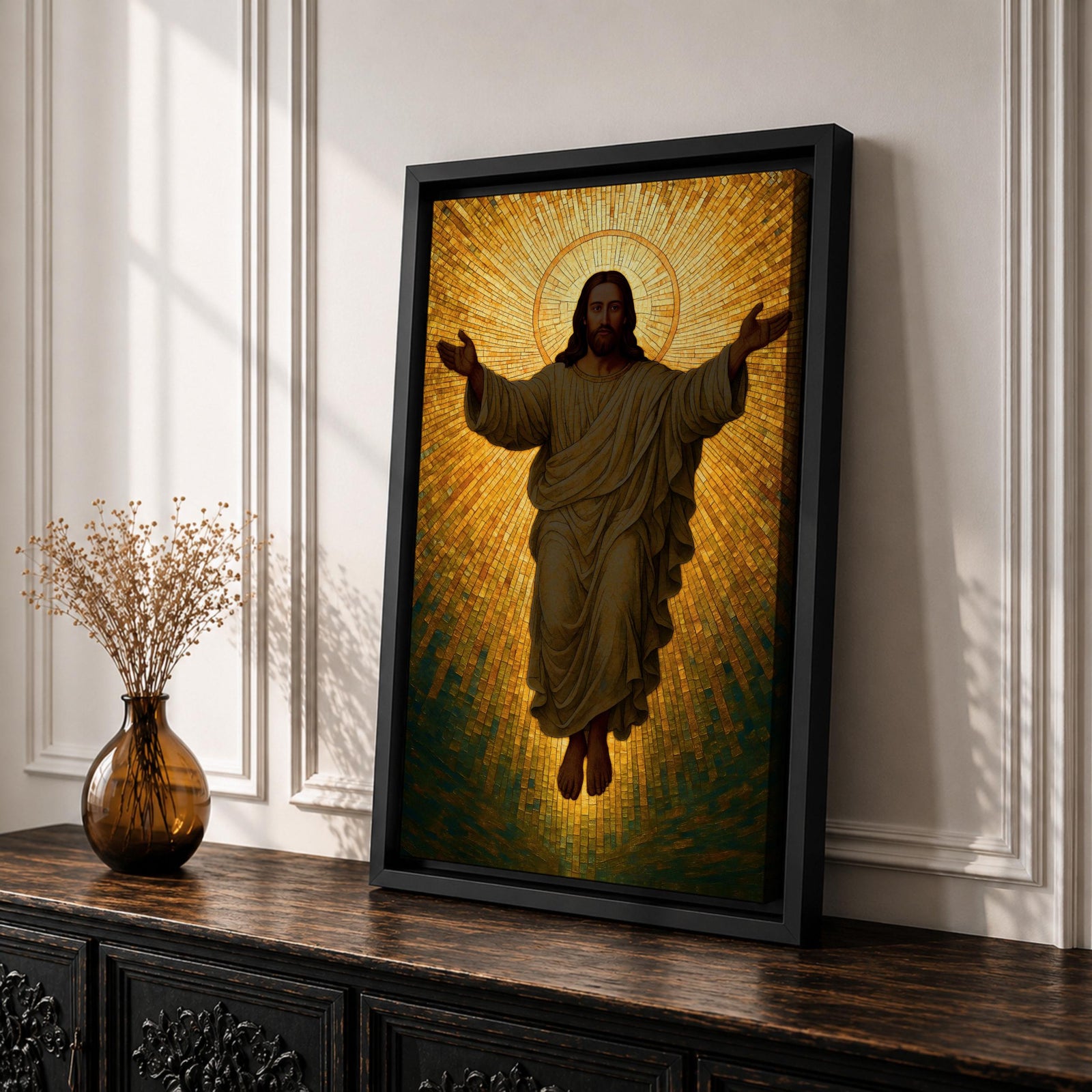 A mosaic style depiction of Jesus Christ with outstretched arms surrounded by radiant golden tiles forming a halo effect. The artwork features detailed mosaic tile patterns creating a luminous and sacred Christian icon in a traditional religious style.