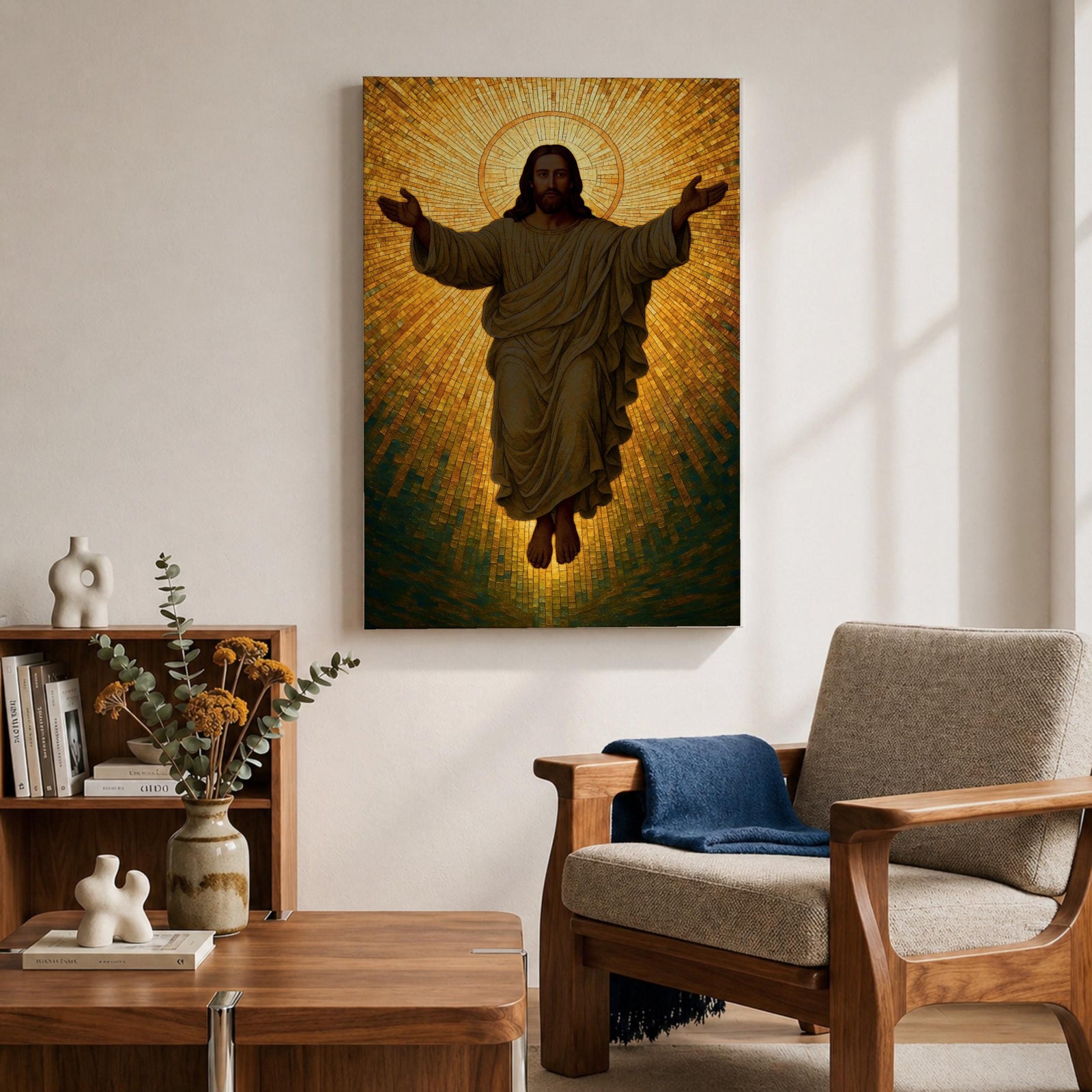 A mosaic style depiction of Jesus Christ with outstretched arms surrounded by radiant golden tiles forming a halo effect. The artwork features detailed mosaic tile patterns creating a luminous and sacred Christian icon in a traditional religious style.