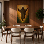 A mosaic style depiction of Jesus Christ with outstretched arms surrounded by radiant golden tiles forming a halo effect. The artwork features detailed mosaic tile patterns creating a luminous and sacred Christian icon in a traditional religious style.