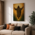 A mosaic style depiction of Jesus Christ with outstretched arms surrounded by radiant golden tiles forming a halo effect. The artwork features detailed mosaic tile patterns creating a luminous and sacred Christian icon in a traditional religious style.