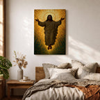 A mosaic style depiction of Jesus Christ with outstretched arms surrounded by radiant golden tiles forming a halo effect. The artwork features detailed mosaic tile patterns creating a luminous and sacred Christian icon in a traditional religious style.