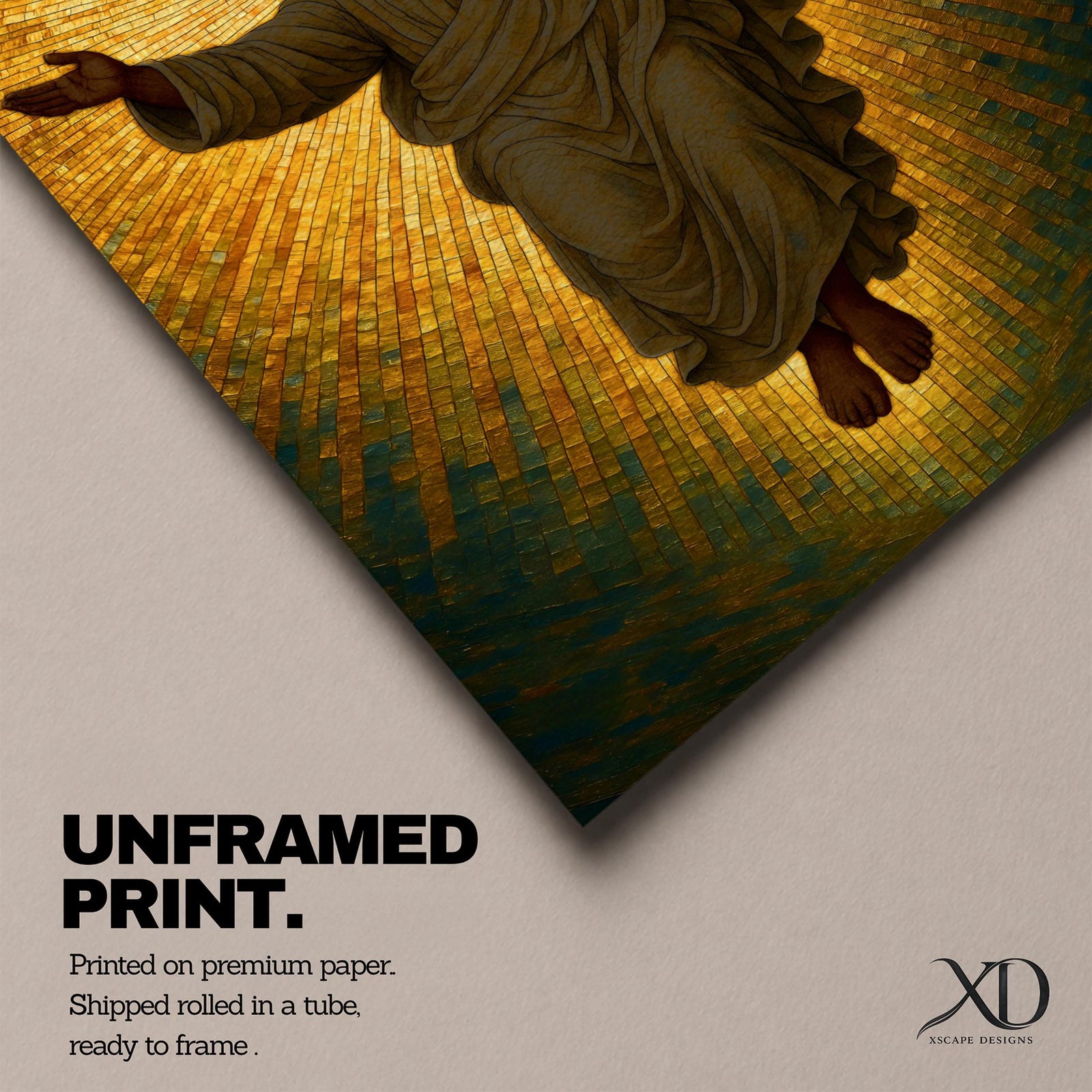 A mosaic style depiction of Jesus Christ with outstretched arms surrounded by radiant golden tiles forming a halo effect. The artwork features detailed mosaic tile patterns creating a luminous and sacred Christian icon in a traditional religious style.