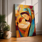 A stained glass style artwork depicting Virgin Mary tenderly holding baby Jesus, composed of vibrant geometric shapes and warm colors, capturing a mosaic-like effect that emphasizes the loving bond between mother and child in a religious theme.