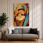 A stained glass style artwork depicting Virgin Mary tenderly holding baby Jesus, composed of vibrant geometric shapes and warm colors, capturing a mosaic-like effect that emphasizes the loving bond between mother and child in a religious theme.