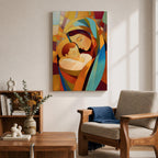 A stained glass style artwork depicting Virgin Mary tenderly holding baby Jesus, composed of vibrant geometric shapes and warm colors, capturing a mosaic-like effect that emphasizes the loving bond between mother and child in a religious theme.