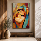 A stained glass style artwork depicting Virgin Mary tenderly holding baby Jesus, composed of vibrant geometric shapes and warm colors, capturing a mosaic-like effect that emphasizes the loving bond between mother and child in a religious theme.