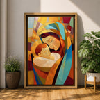 A stained glass style artwork depicting Virgin Mary tenderly holding baby Jesus, composed of vibrant geometric shapes and warm colors, capturing a mosaic-like effect that emphasizes the loving bond between mother and child in a religious theme.