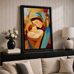A stained glass style artwork depicting Virgin Mary tenderly holding baby Jesus, composed of vibrant geometric shapes and warm colors, capturing a mosaic-like effect that emphasizes the loving bond between mother and child in a religious theme.