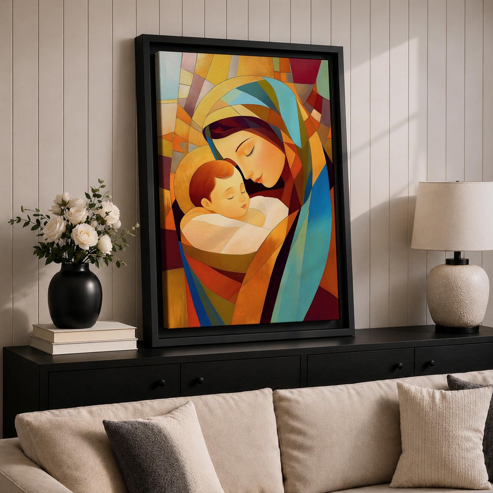 A stained glass style artwork depicting Virgin Mary tenderly holding baby Jesus, composed of vibrant geometric shapes and warm colors, capturing a mosaic-like effect that emphasizes the loving bond between mother and child in a religious theme.