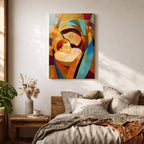 A stained glass style artwork depicting Virgin Mary tenderly holding baby Jesus, composed of vibrant geometric shapes and warm colors, capturing a mosaic-like effect that emphasizes the loving bond between mother and child in a religious theme.