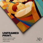 A stained glass style artwork depicting Virgin Mary tenderly holding baby Jesus, composed of vibrant geometric shapes and warm colors, capturing a mosaic-like effect that emphasizes the loving bond between mother and child in a religious theme.