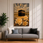 Textured impasto style painting of the Kaaba at Masjid Al Haram in Mecca, surrounded by mosque arches and tall minarets beneath swirling dramatic clouds, with large golden flowers in the foreground rendered in thick layered brushstrokes.