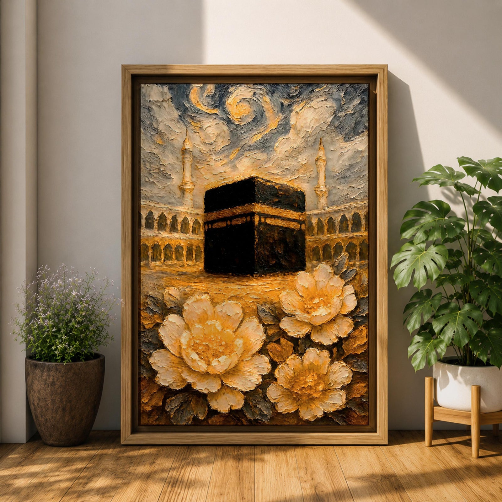 Textured impasto style painting of the Kaaba at Masjid Al Haram in Mecca, surrounded by mosque arches and tall minarets beneath swirling dramatic clouds, with large golden flowers in the foreground rendered in thick layered brushstrokes.