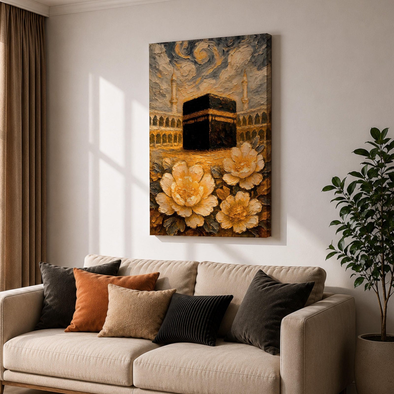 Textured impasto style painting of the Kaaba at Masjid Al Haram in Mecca, surrounded by mosque arches and tall minarets beneath swirling dramatic clouds, with large golden flowers in the foreground rendered in thick layered brushstrokes.