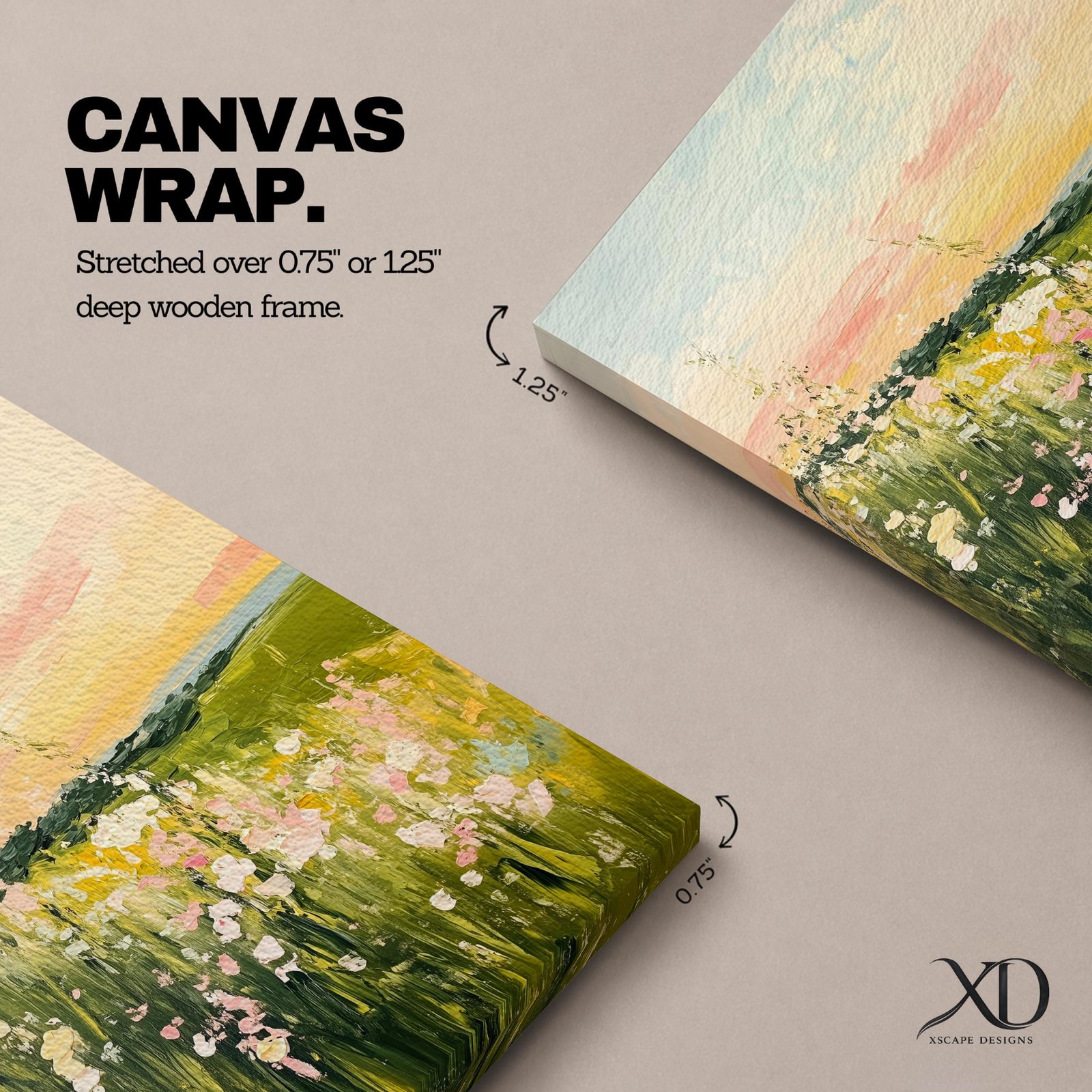 An impressionistic vintage style framed canvas painting depicting a meadow landscape with wildflowers and grasses under a soft sky, rendered with textured brushstrokes and warm tones, capturing the natural beauty of a rustic botanical field scene.