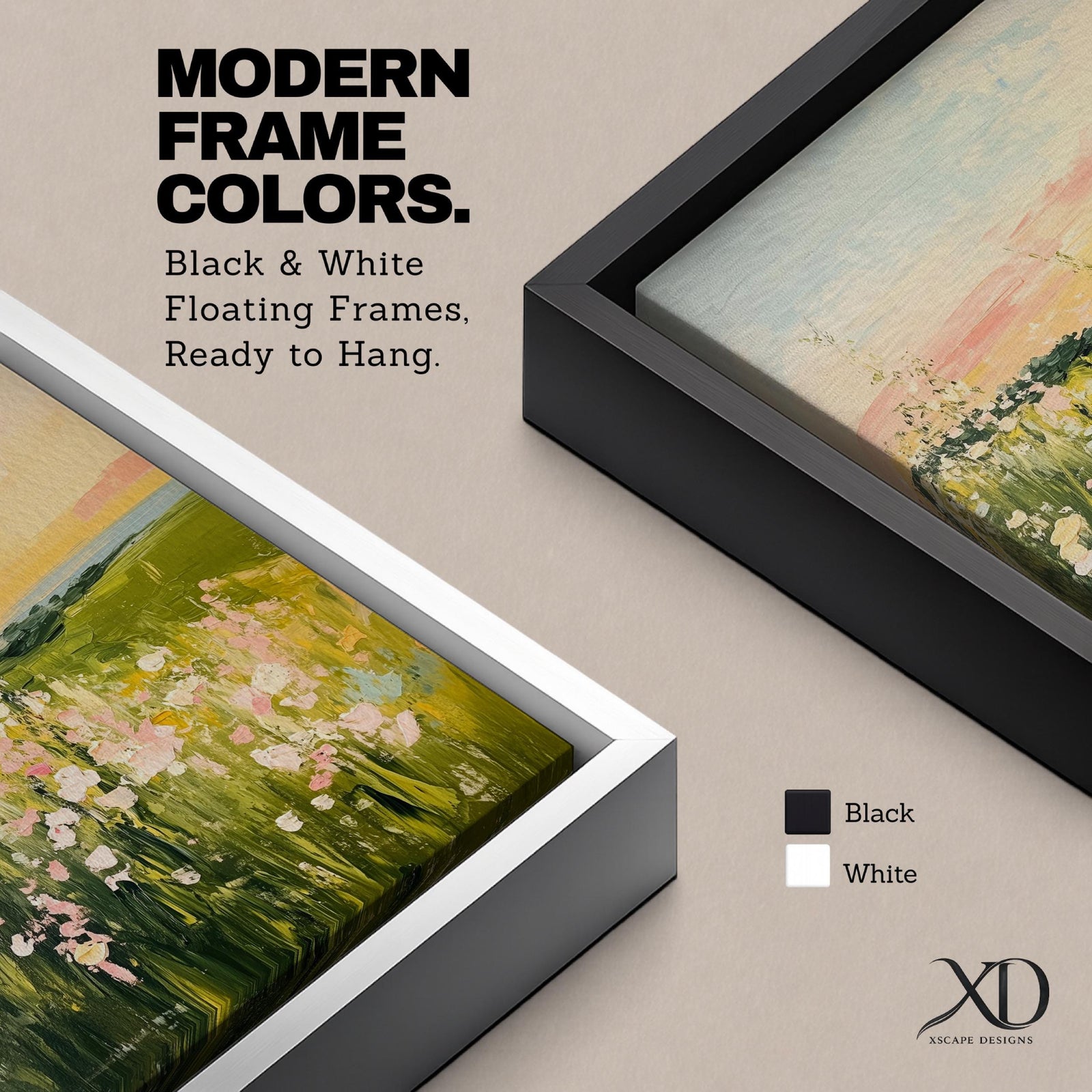 An impressionistic vintage style framed canvas painting depicting a meadow landscape with wildflowers and grasses under a soft sky, rendered with textured brushstrokes and warm tones, capturing the natural beauty of a rustic botanical field scene.