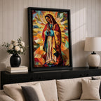 Geometric mosaic style depiction of Our Lady of Guadalupe shown standing in prayer with hands joined, surrounded by radiant golden halo rays and colorful angular shapes forming a stained glass inspired composition that highlights the Virgin Mary in a modern geometric Catholic devotional design.