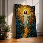 A stained glass style artwork depicting Jesus Christ rising with arms outstretched, radiant golden light emanating behind him, surrounded by deep blue and amber glass fragments, capturing the moment of resurrection in vivid mosaic-like detail.