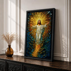 A stained glass style artwork depicting Jesus Christ rising with arms outstretched, radiant golden light emanating behind him, surrounded by deep blue and amber glass fragments, capturing the moment of resurrection in vivid mosaic-like detail.