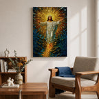 A stained glass style artwork depicting Jesus Christ rising with arms outstretched, radiant golden light emanating behind him, surrounded by deep blue and amber glass fragments, capturing the moment of resurrection in vivid mosaic-like detail.