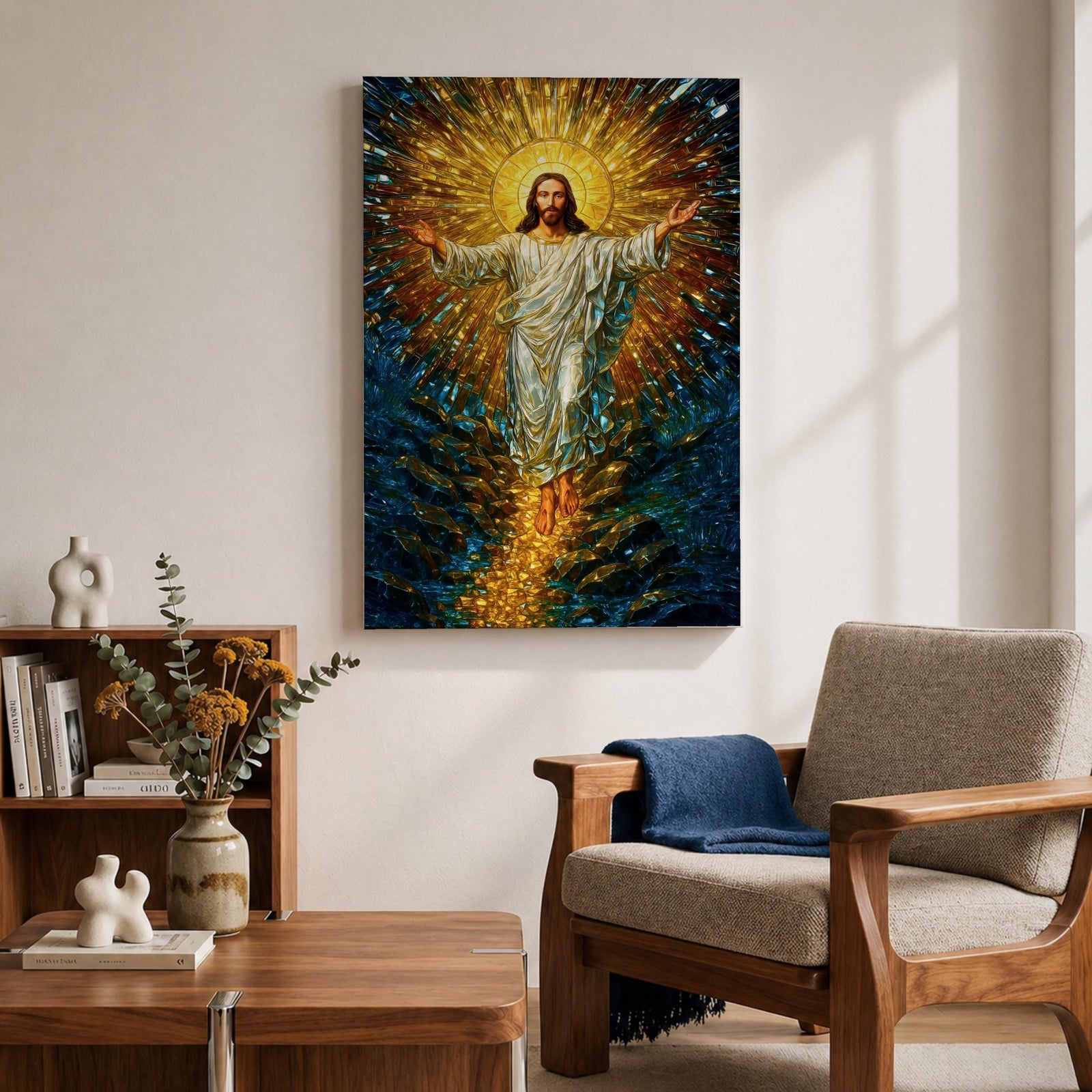 A stained glass style artwork depicting Jesus Christ rising with arms outstretched, radiant golden light emanating behind him, surrounded by deep blue and amber glass fragments, capturing the moment of resurrection in vivid mosaic-like detail.