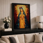 A mosaic-style icon of Virgin Mary depicts the Blessed Mother with hands clasped in prayer, wearing a blue mantle adorned with stars and a radiant golden halo behind her head, composed of small colorful tiles forming a vibrant religious portrait.