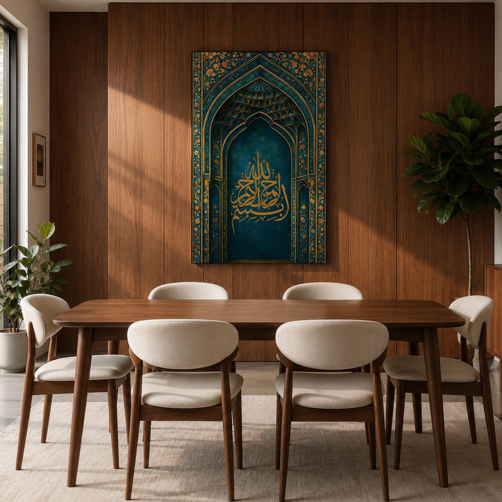 Ornamental Islamic artwork featuring Arabic calligraphy of the name Allah in gold, set within an ornate mihrab-style arch decorated with intricate floral and geometric patterns in deep turquoise and gold tones.