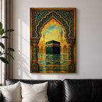 Textured Islamic artwork depicting the Kaaba in the courtyard of Masjid Al Haram framed by an ornate decorative archway with intricate floral patterns, with mosque minarets rising in the background under warm golden clouds.