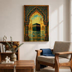 Textured Islamic artwork depicting the Kaaba in the courtyard of Masjid Al Haram framed by an ornate decorative archway with intricate floral patterns, with mosque minarets rising in the background under warm golden clouds.